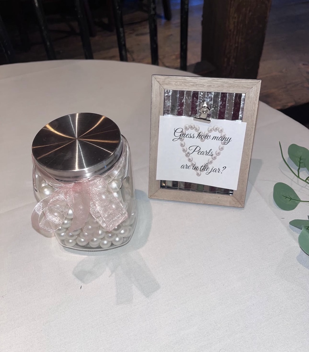Guess how many pearls bridal shower game jar with framed calligraphy sign